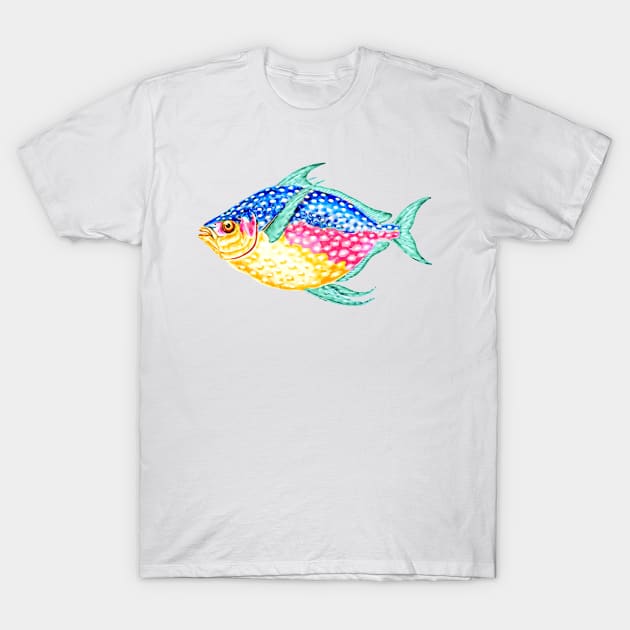 Fish, colorful watercolor, pink, blue, aqua, yellow T-Shirt by PixDezines